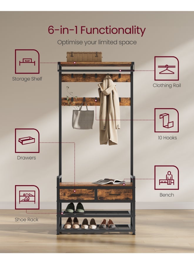 VASAGLE Hall Tree with Bench & Shoe Storage - 10 Hooks Coat Rack with 2 Fabric Drawers & Bench - Entryway Organizer (30x80.4x181.6 cm) - Vintage Brown & Black - Image 2